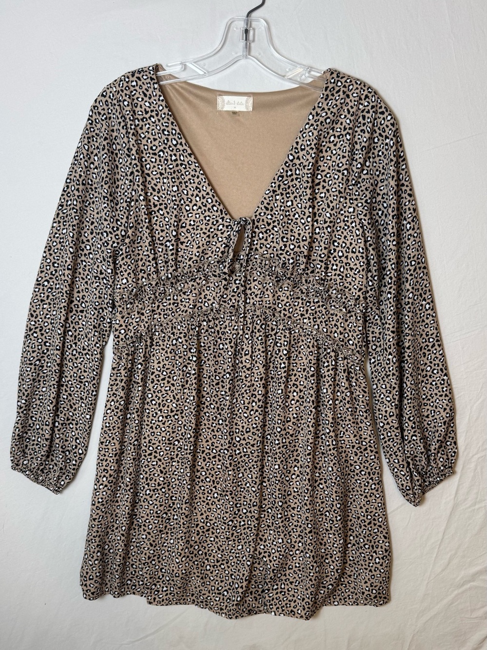 Altar’d State Leopard-Print Long Sleeve Babydoll Mini Dress Lined Size Medium